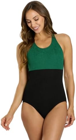 Women's Textured High Neck One Piece Slimsuit -Black/Deep F…